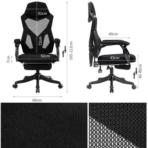 Ergonomiczny, obrotowy fotel biurowy, krzesło z zagłówkiem i podnóżkiem - czarny