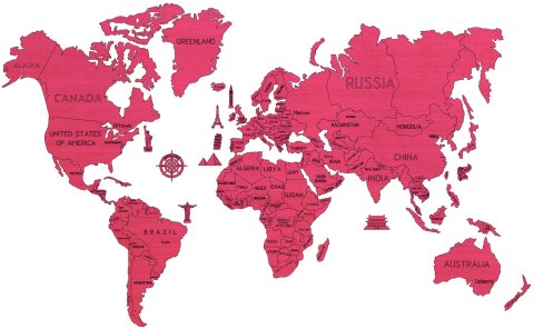 Drewniana Mapa Świata na ścianę 3D, rozm. XL- kolor koralowy