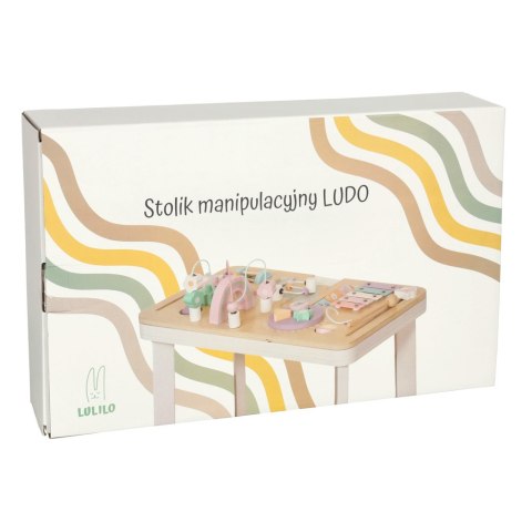Tablica manipulacyjna LULILO LUDO stolik drewniany sensoryczny 2w1 różowy