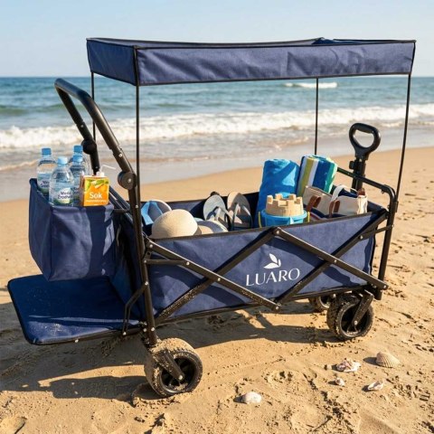 Wózek transportowy LUARO plażowy składany z daszkiem i siatką 120l granatowy