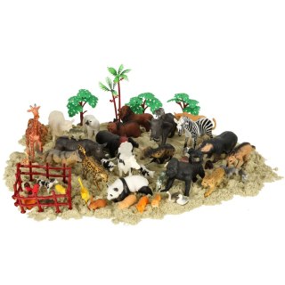 Figurki zwierząt zwierzęta zoo safari farma akcesoria skrzynka 59 el.